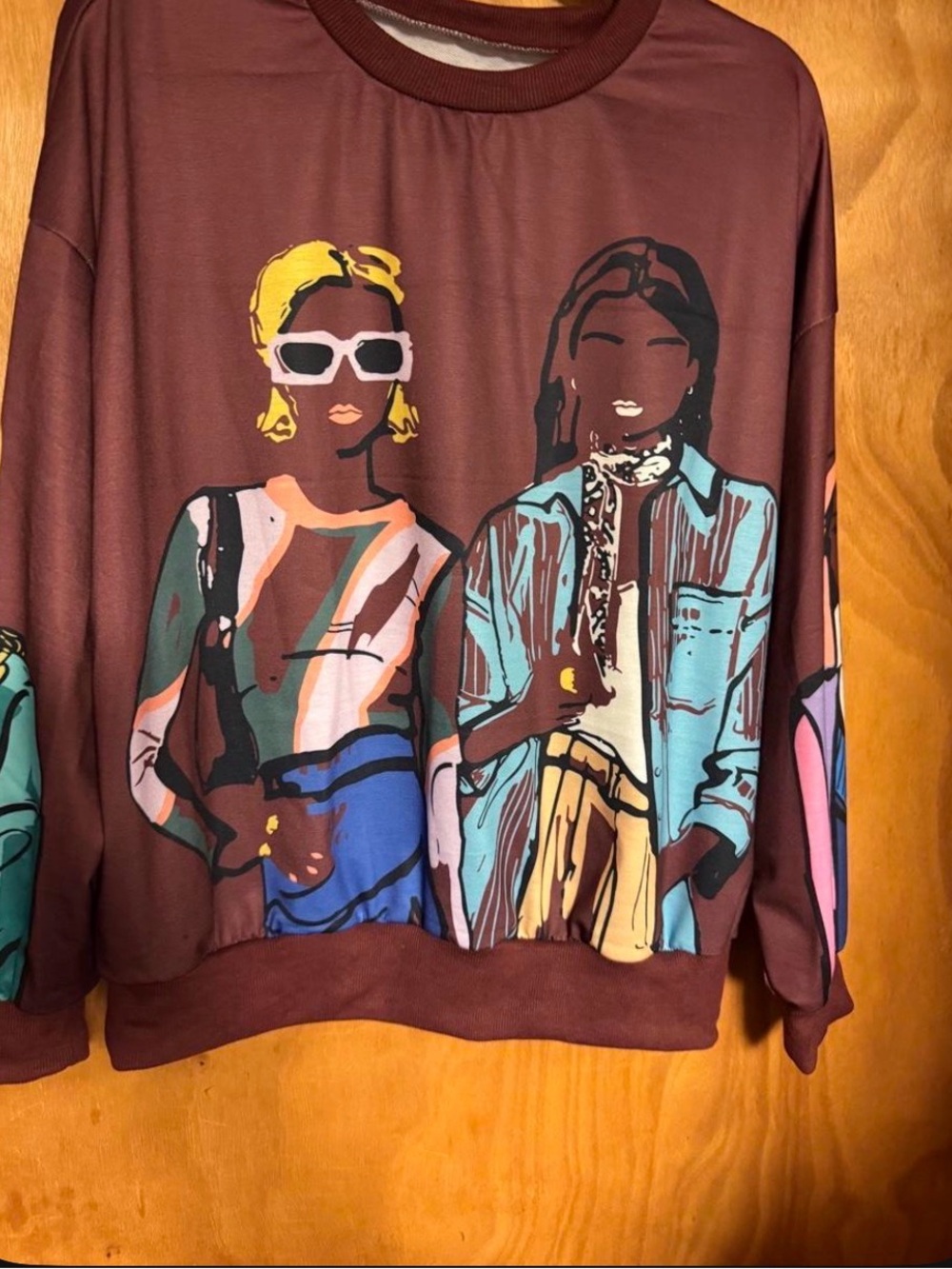 SHEIN Maroon Graphic Crewneck Sweater with Multicolor Illustration